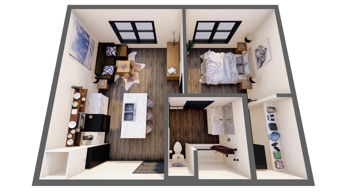 3D furnished render: 1 Bed Deluxe, unit type 7, 485 sq ft