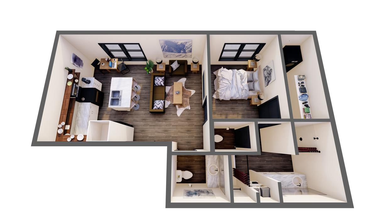 3D furnished render: 1 Bed Premium, unit type 8