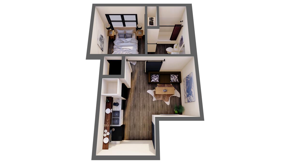 3D furnished render: 1 Bedroom, unit type 9, 348 sq ft