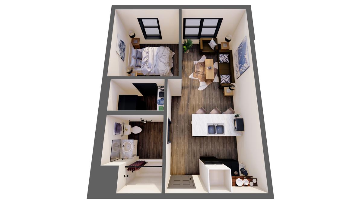 3D furnished render: 1 Bed Suite ADA, unit type 3, 478 sq ft