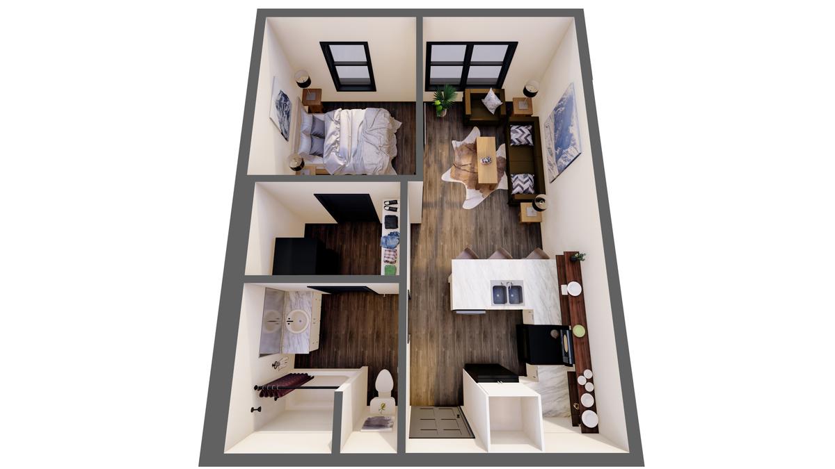 3D furnished render: 1 Bed Suite, unit type 5, 478 sq ft