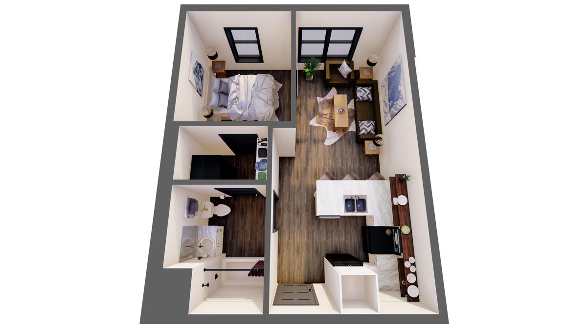 3D furnished render: 1 Bed Suite, unit type 4, 478 sq ft