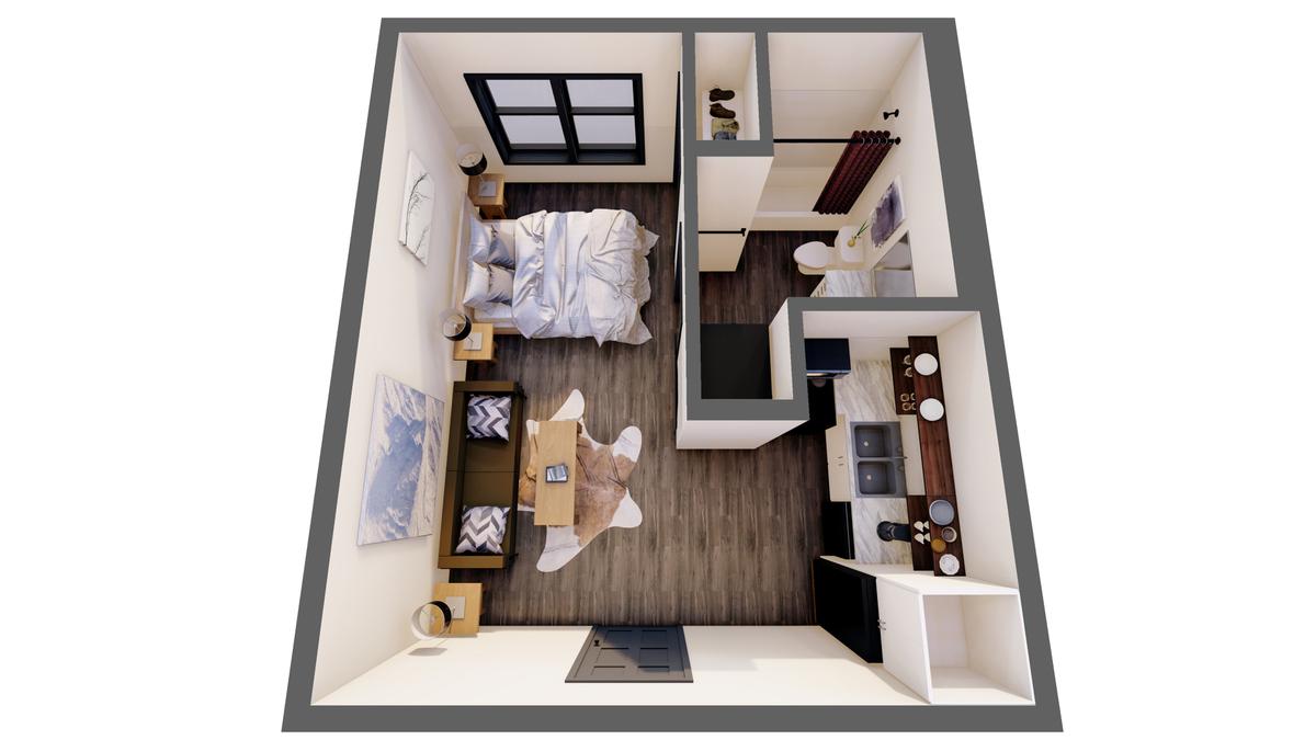 3D furnished render: Studio, unit type 1, 338 sq ft