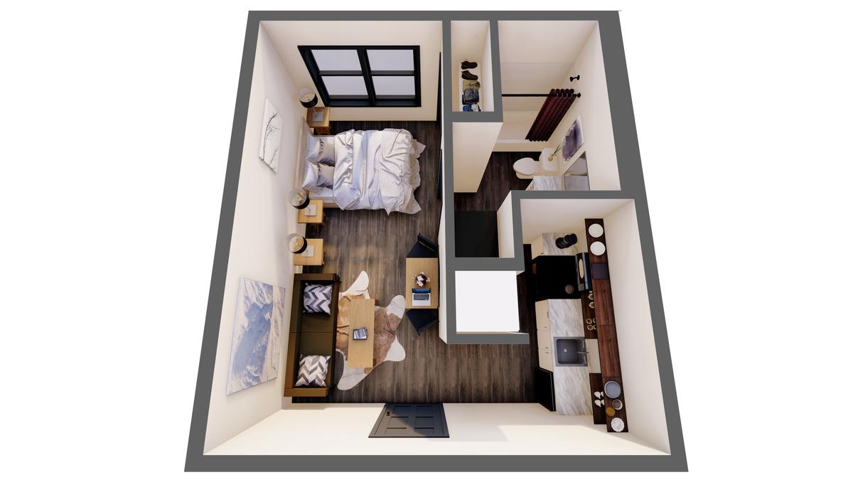 3D furnished render: Studio, unit type 2, 338 sq ft