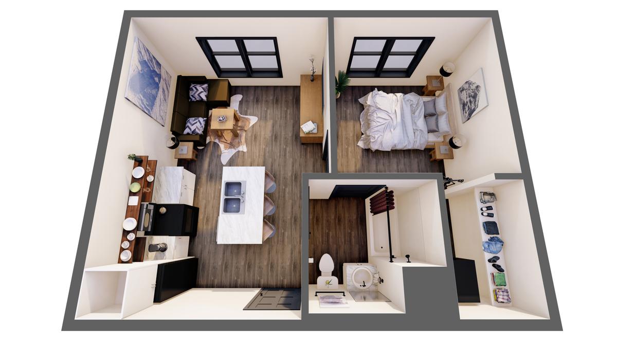 3D furnished render: 1 Bed Deluxe, unit type 6, 485 sq ft