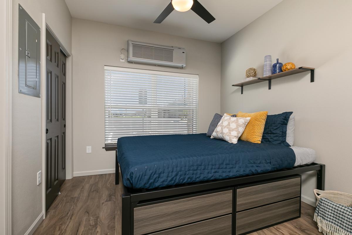Furnished studio, blue scheme: Bed